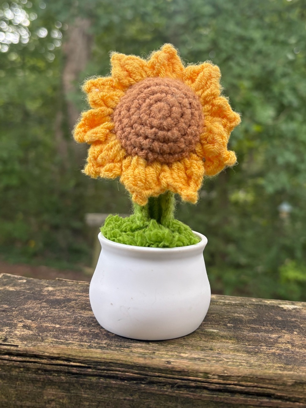 Handmade Crochet Sunflower in White Pot Mini Yellow & Brown